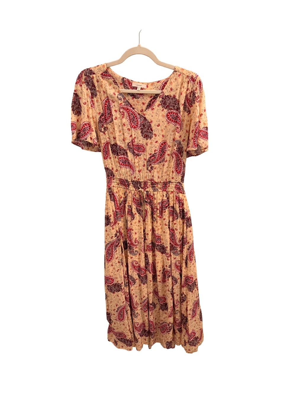 Easel Challie Rayon Boho Paisley Midi Dress in Beige and Red
